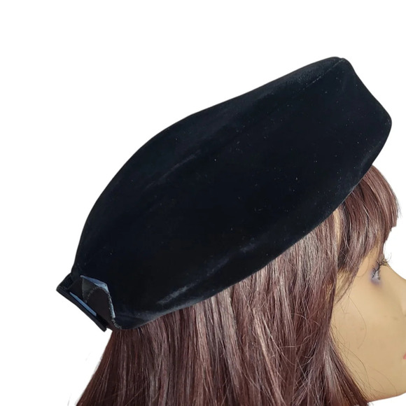 Vintage Black Velvet Union Made Back Bow Pillbox Hat - Picture 5 of 14